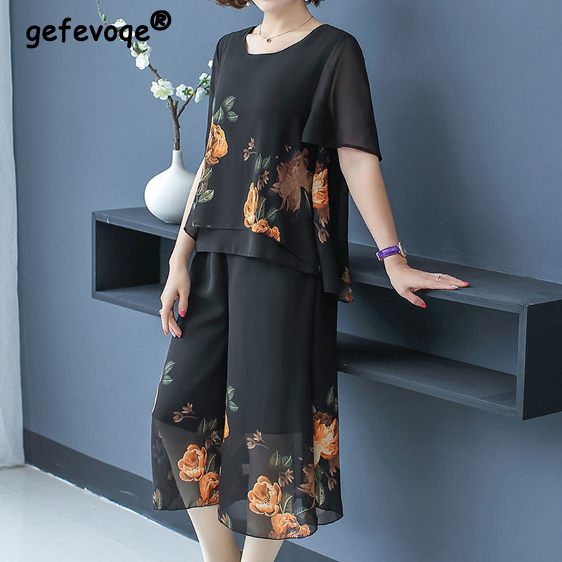 Summer Clothing For 60 Year Old Woman - Elegante Mode Bloemenprint Kant Korte Sets