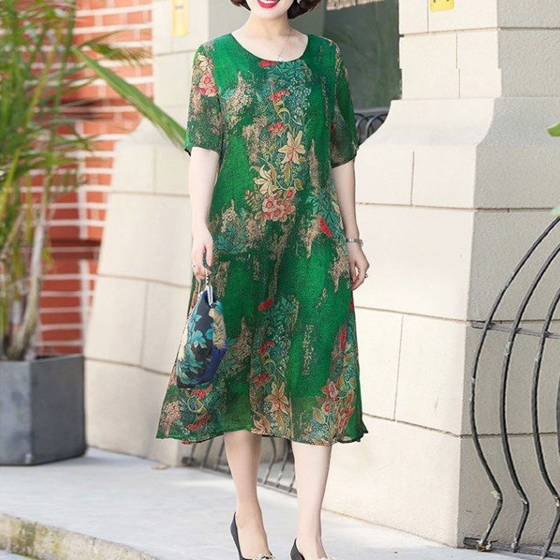Summer Clothing For 60 Year Old Woman - Mode Onregelmatige Midi Jurk Vintage Bloemenprint