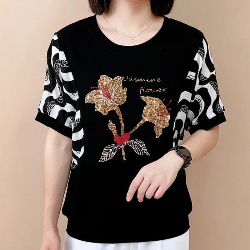 Summer Clothing For 60 Year Old Woman - Mode O-hals Gestreepte Gesplitste Diamanten T-shirts
